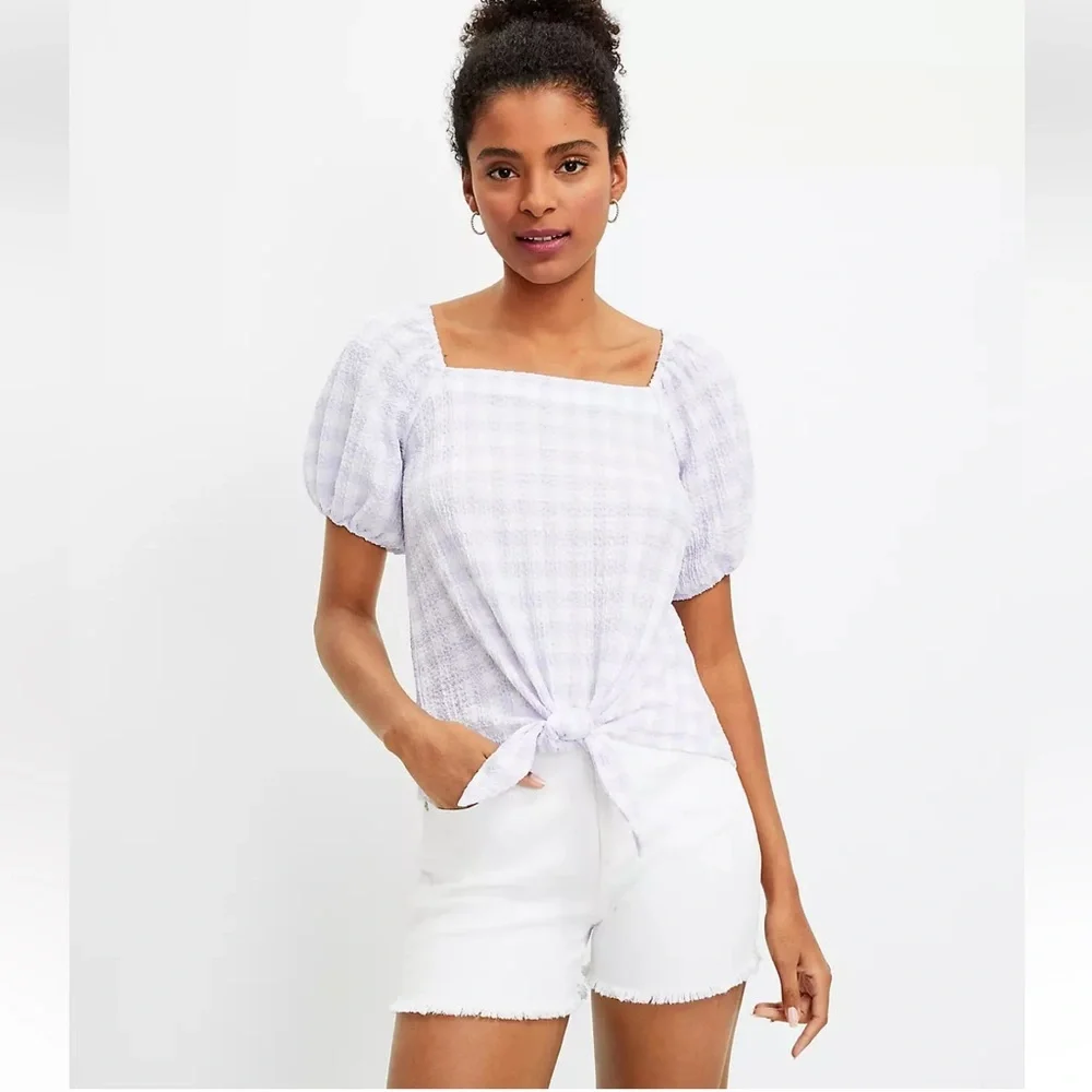 Loft Gingham Square Neck Tie Front Puff Sleeve Lilac White Top XS